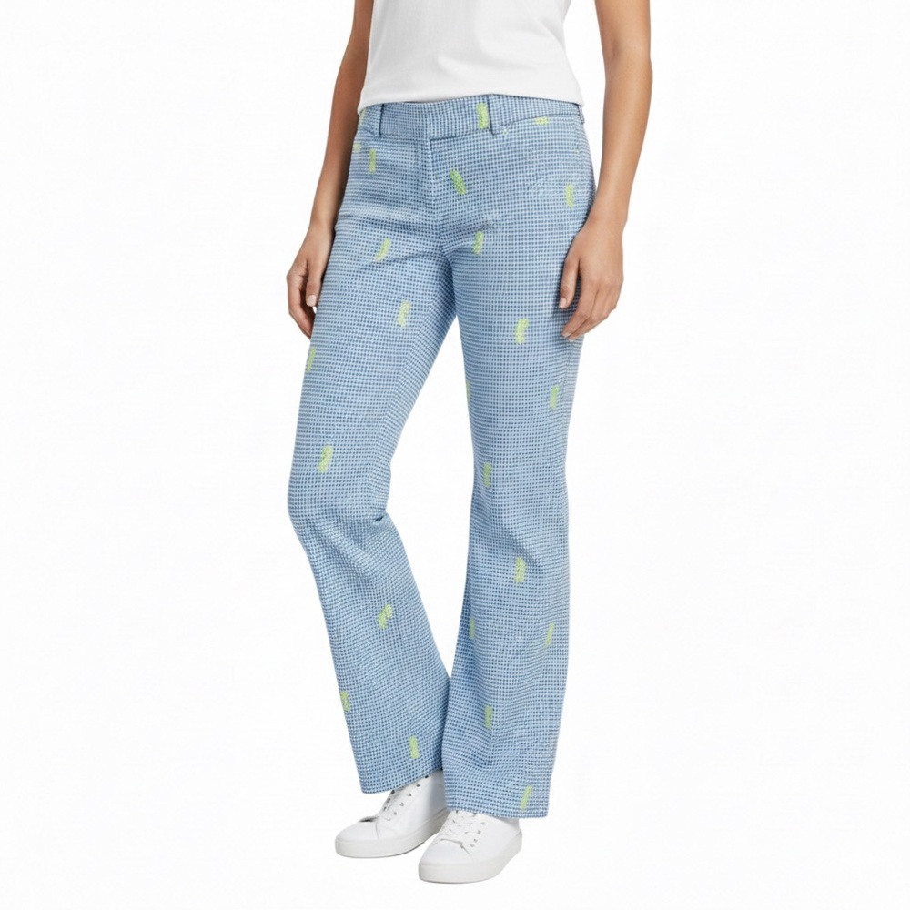 J.Crew Blue White Gingham Lime Green Embroidered Seahorse Pants Lightweight 8